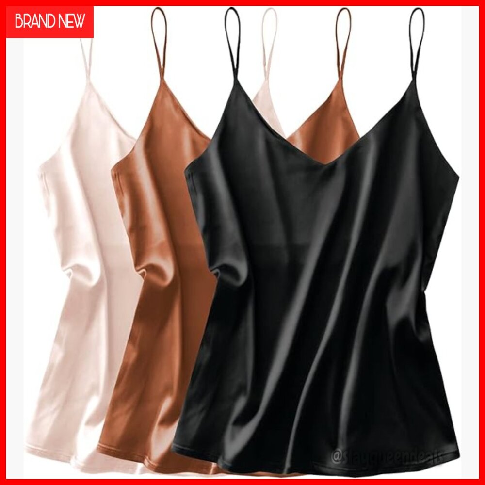 3 Pack Silk Satin V-Neck Camisole Tank Tops Loose Fit Spaghetti Strap